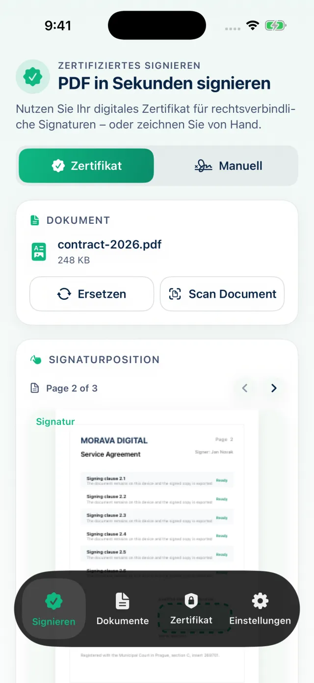 Cert Sign auf dem iPhone beim Signieren eines PDFs