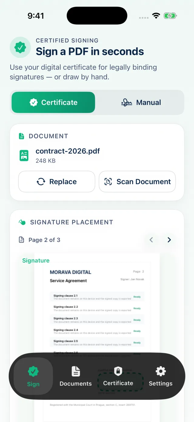 Cert Sign on iPhone signing a PDF with a certificate