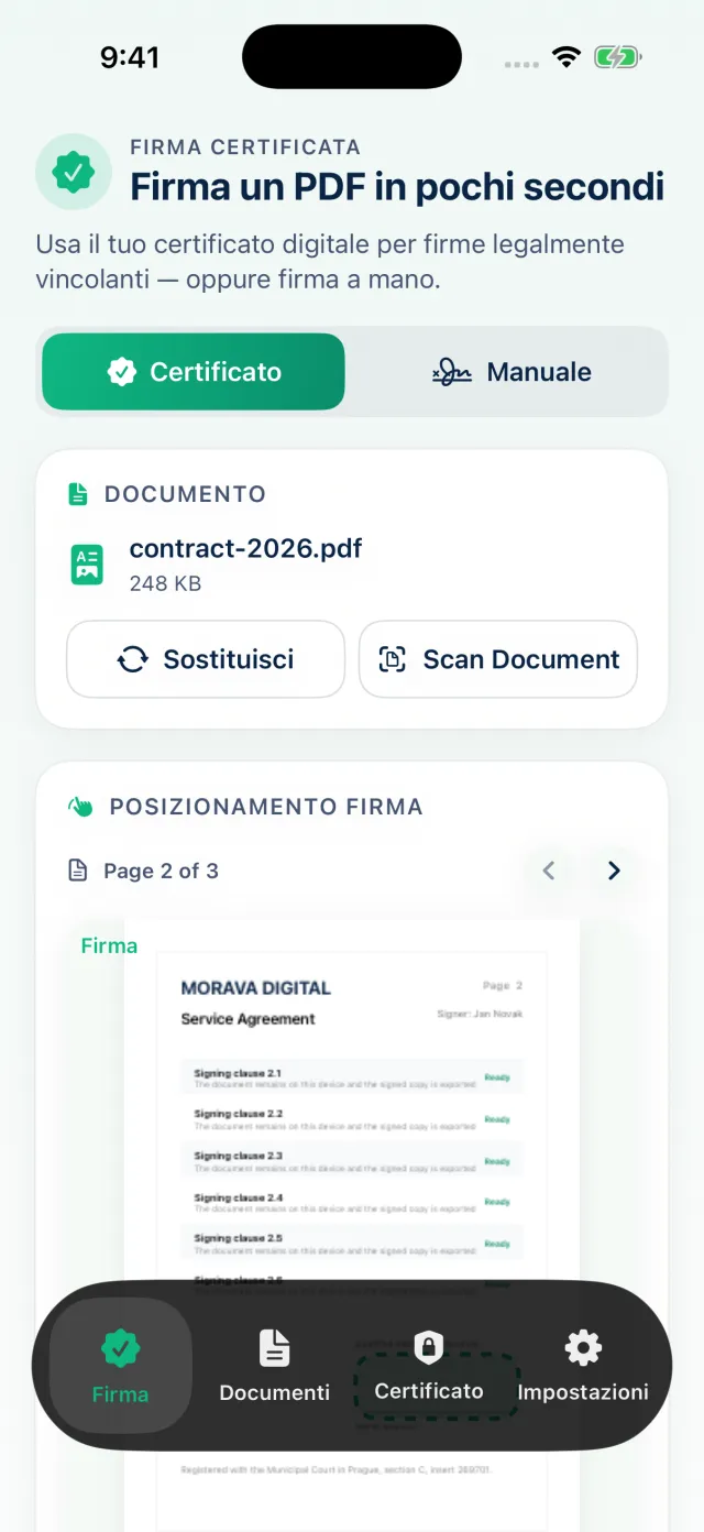 Cert Sign su iPhone mentre firma un PDF con certificato